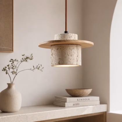 Japandi Travertine and Wood Pendant