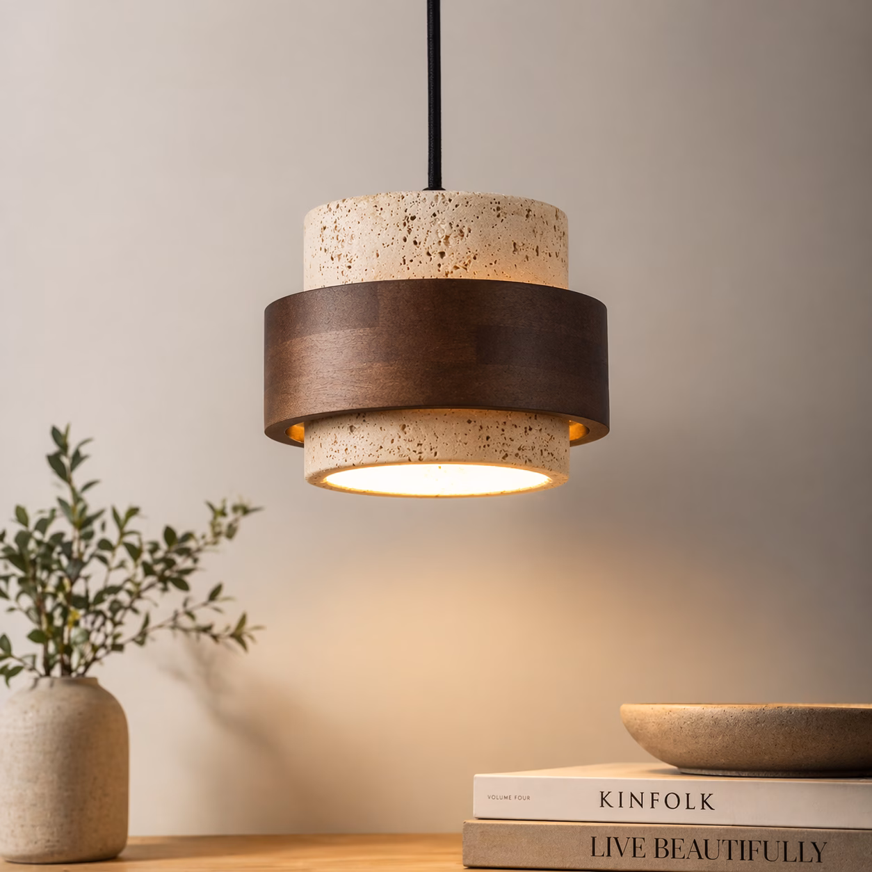Travertine Cylinder Pendant with Hand-Finished Walnut Accent
