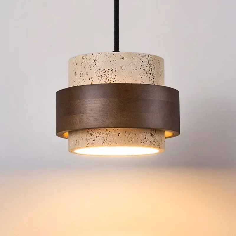 Minimal Travertine and Walnut Pendant Light